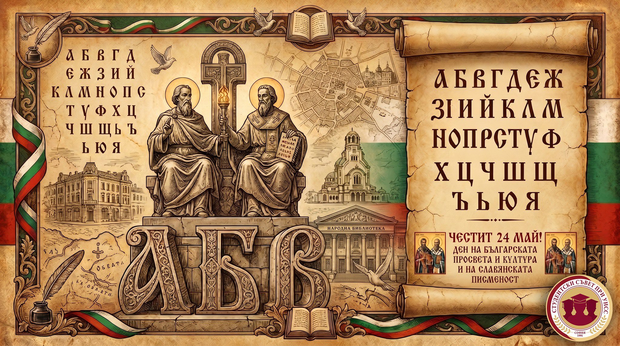 🇧🇬📖 Честит 24 май – Ден на българската просвета и култура и на славянската писменост!

💐 Днес отдаваме почит на светите братя Св. св. Кирил и Методий, които създават първата славянска азбука – глаголицата, и полагат основите на славянската книжовност и старобългарския книжовен език.

📜 24 май е празник на словото, на всички преподаватели и будители, които пазят духа на българската писменост и култура. Този ден ни напомня, че образованието и културата са основата, върху която градим бъдещето си.

🎉 Честит празник!